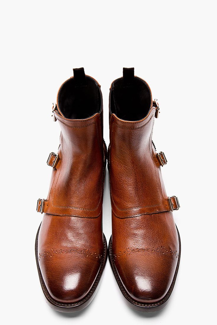 ALEXANDER MCQUEEN Brown leather brogued monk-strap boots