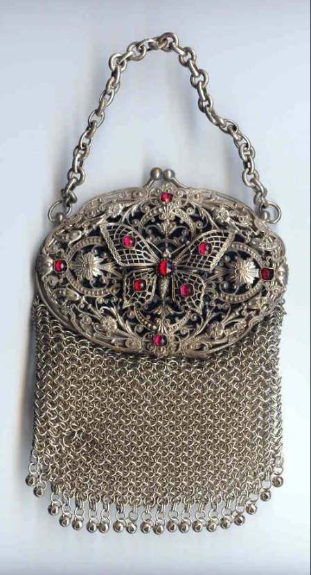 Exquisite 1800's Ruby Jeweled Butterfly Silver Mesh Chatelaine Purse