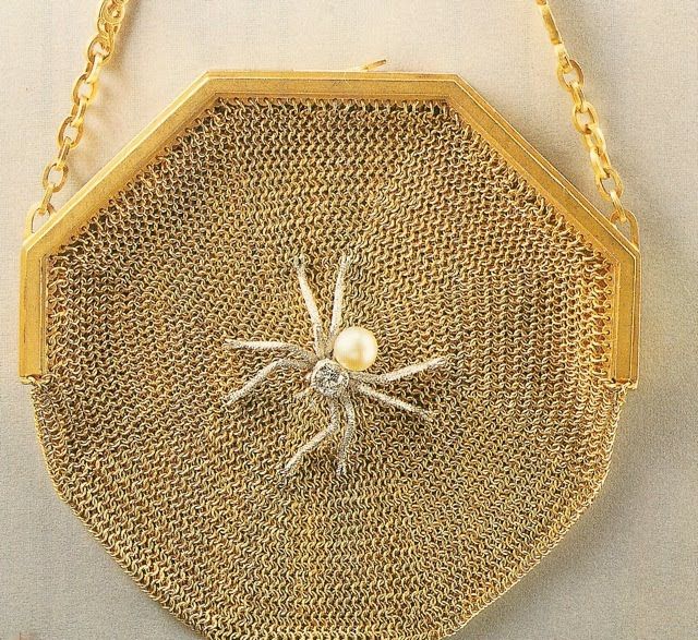 Spider Purse, LaCloche, French, c1920. 18k gold w/ diamond and pearl.  From the ...
