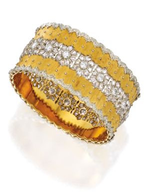 18 Karat Two-Color Gold and Diamond Cuff Bracelet, Buccellati Estimate: 25,000 -...