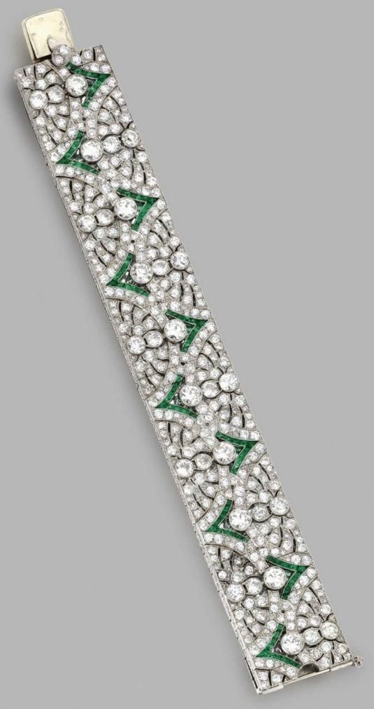 An Art Deco Diamond and Emerald Bracelet, French, Circa 1925. Set with old Europ...