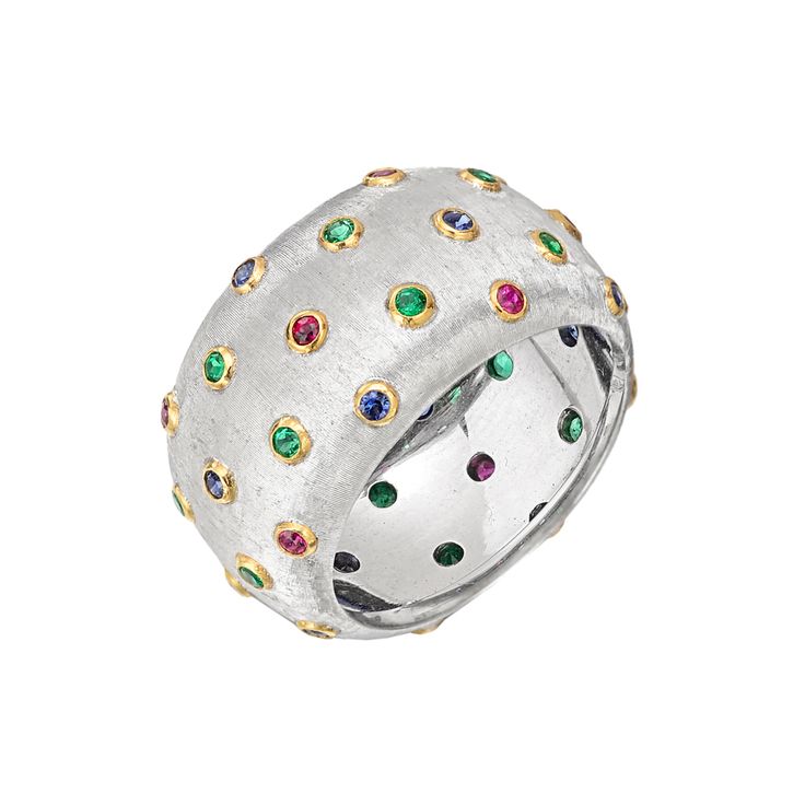 Buccellati 18k White Gold & Multicolored Gemstone Band Ring Wide band ring in ha...