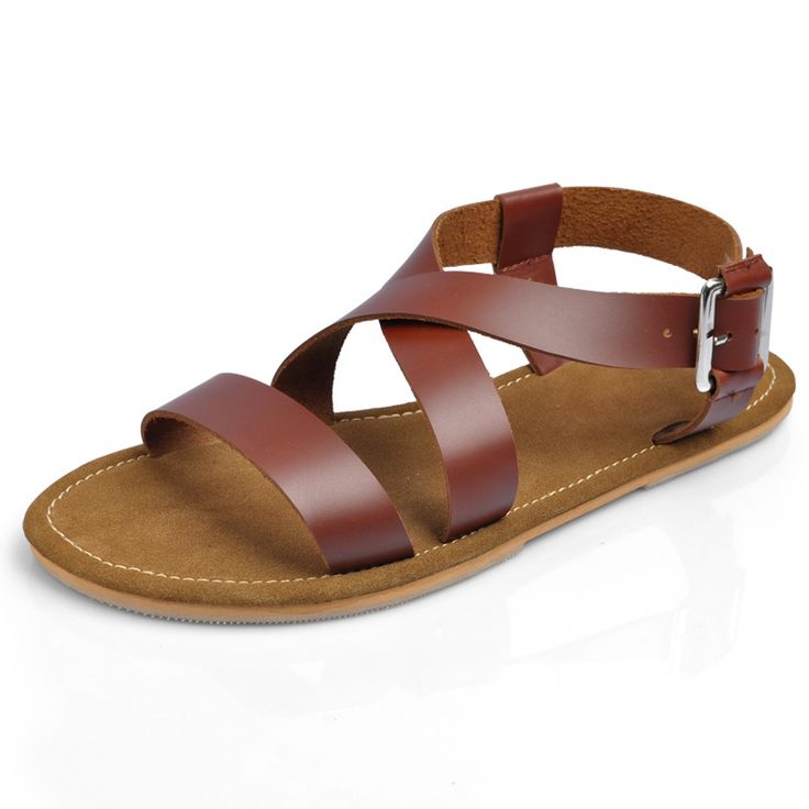 Brown Leather Cross Strap Sandals, Men's Spring Summer Fashion.