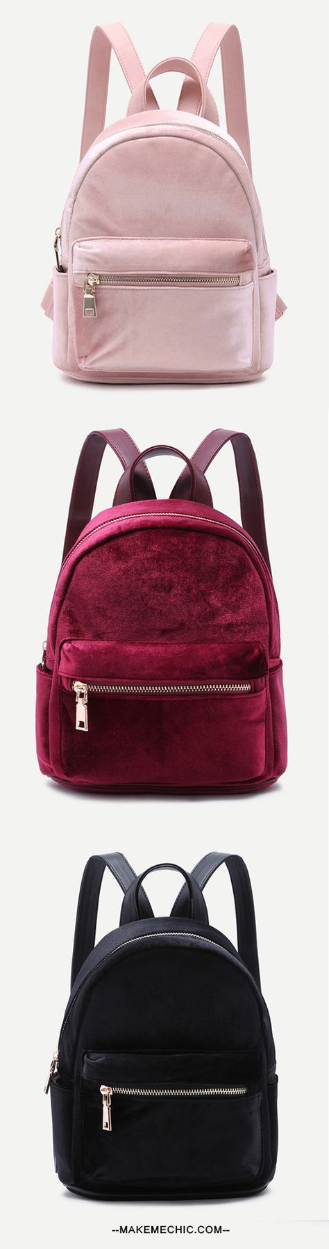 Mini Metallic Zip Velvet Backpack BURGUNDY | MakeMeChic.COM
