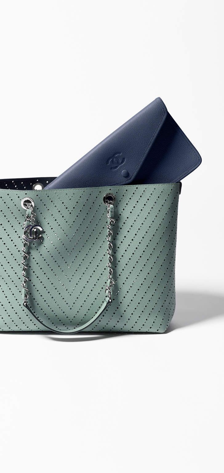 Spring-Summer 2016 Pre-collection - perforated grained calfskin-green & navy blu...