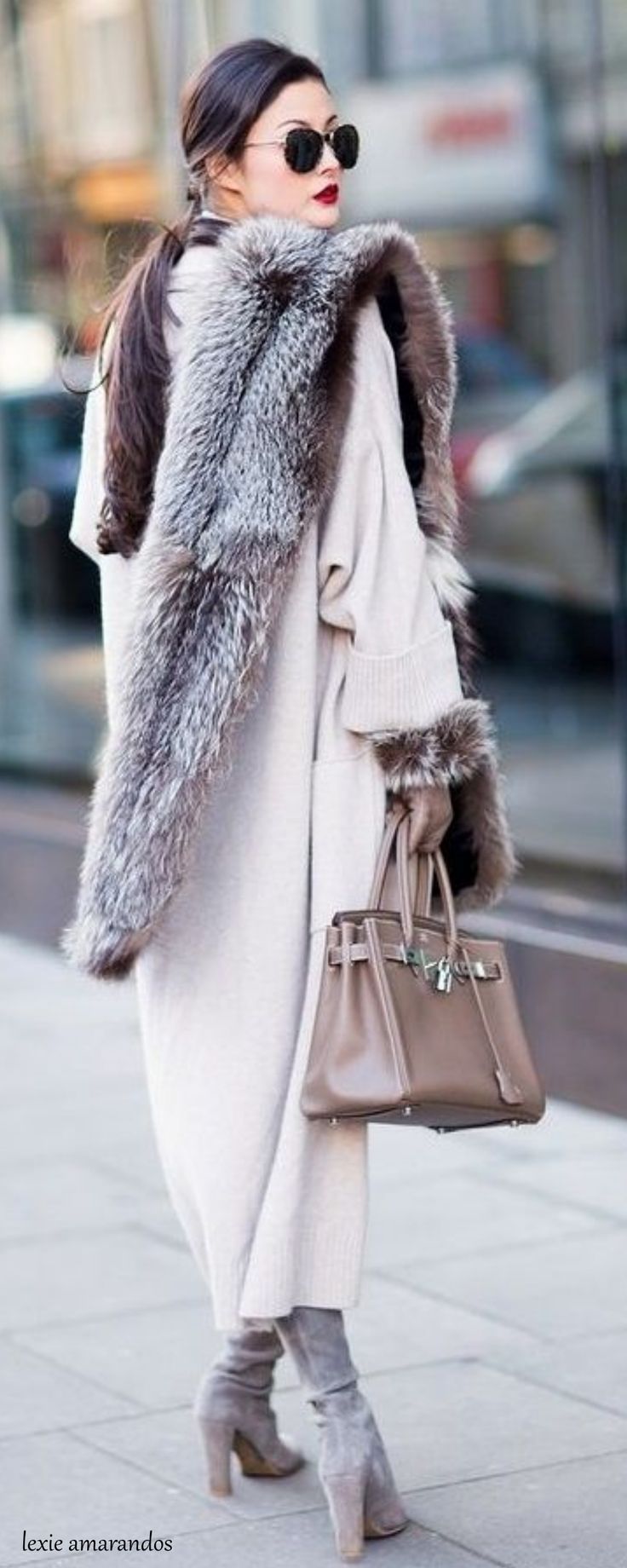 That coat! The fur!! Those boots!!! Love it all. And Hermes ~ Birkin Brown Leath...