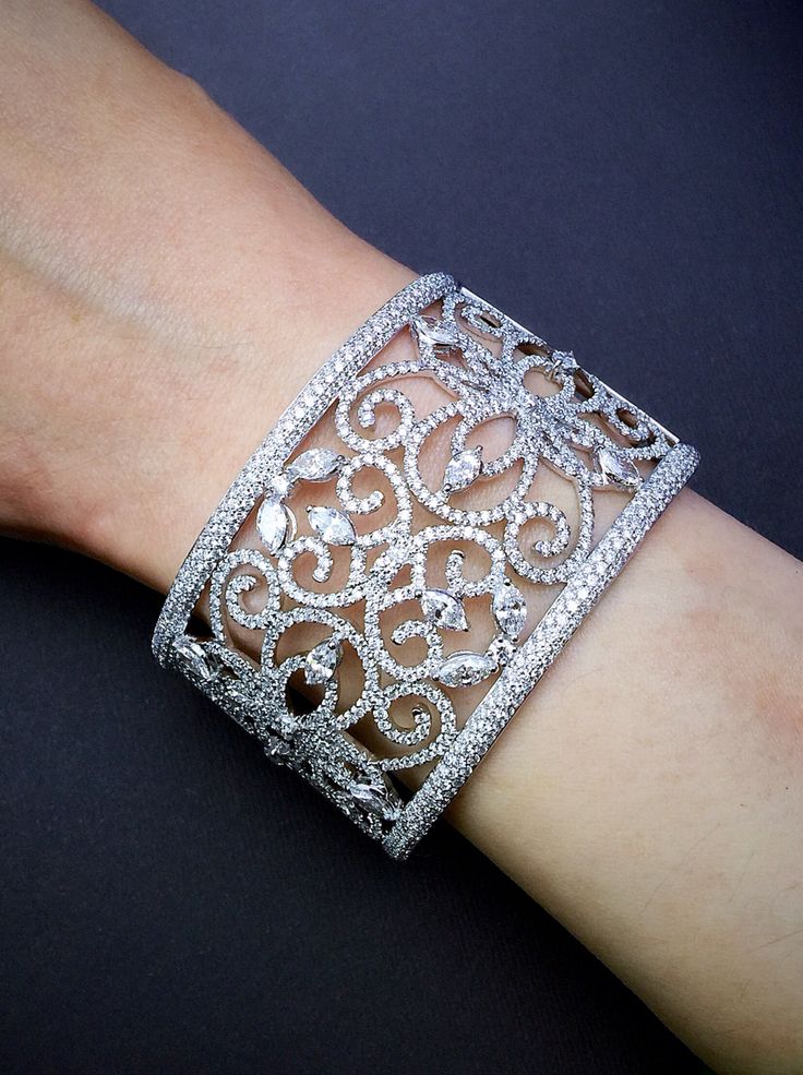 Diamond Cuff Bracelet encrusted with marquise and round brilliant cut diamonds S...
