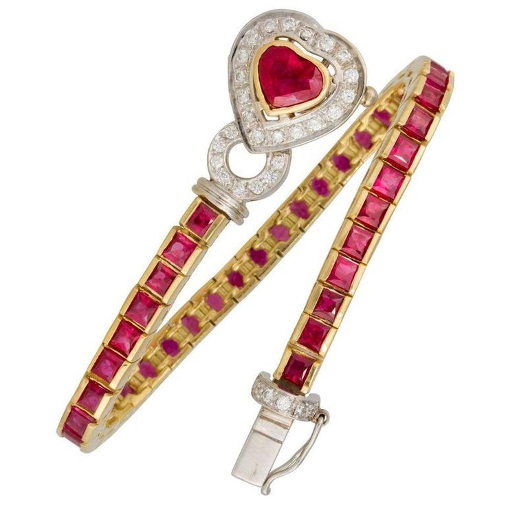 Ella Gafter Heart Shape Ruby Diamond Flexible Gold Tennis Bracelet For Sale #cla...