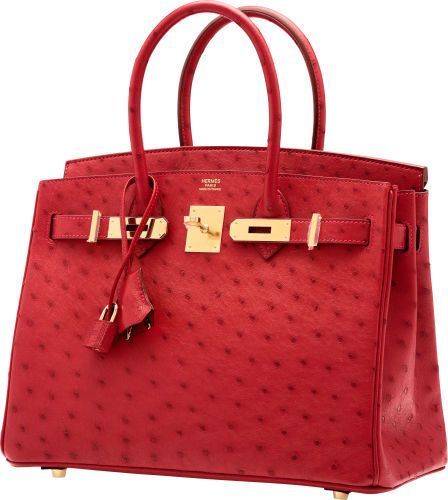 Hermes 30cm Rouge Vif Ostrich Birkin Bag with Gold Hardware