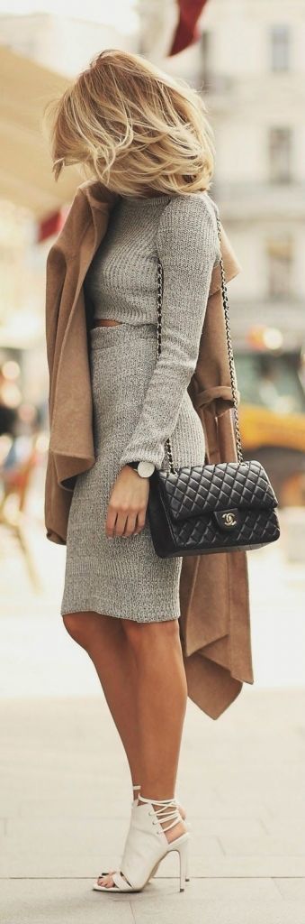 #winter #fashion / gray knit dress + camel coat