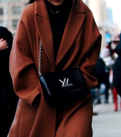 Oversized rusty brown wool coat, louis vuitton shoulder bag