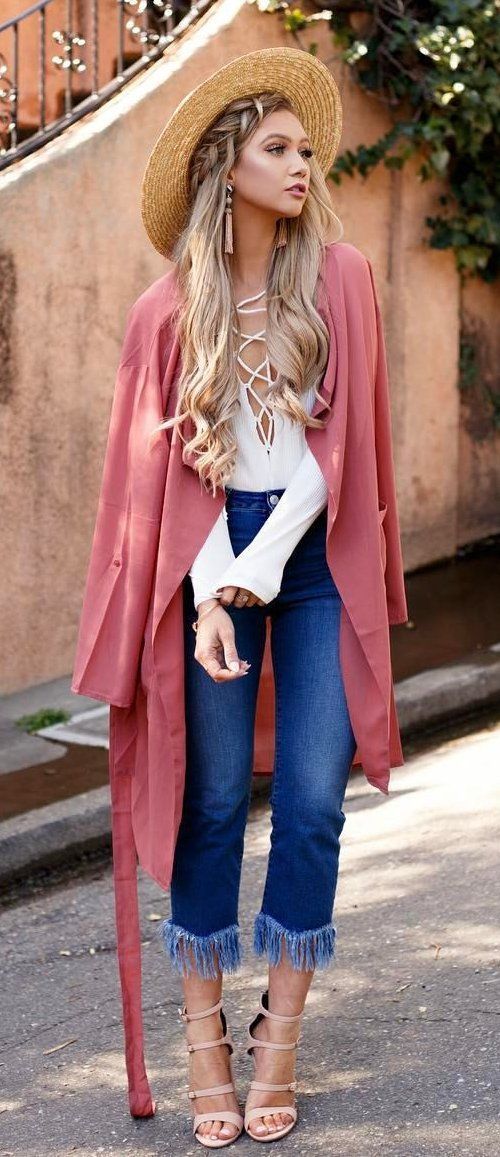 #summer #outfits Light Hat + Pink Kimono + White Lace-up Top + Navy Fringe Jeans...