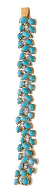 TURQUOISE AND DIAMOND BRACELET, CARTIER, 1962 Designed as a vine composed of bri...