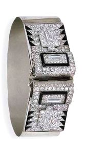 A PAIR OF BLACK ENAMEL AND DIAMOND CLIPS, BY CARTIER MOUNTED AS A BANGLE Each pa...