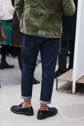 Amazing mix of preppy (shoes; small cuff; fit of jeans) and casual edge (the rou...