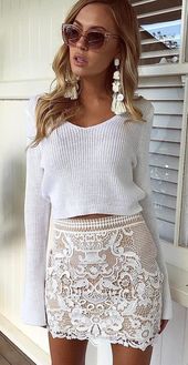 #summer #outfits White Crop Knit + White Lace Skirt
