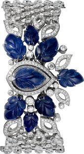 High Jewelry watch: High Jewelry secret hour watch, quartz movement, caliber 058. Rhodiumized 18K white gold case and bracelet set with 414 brilliant-cut diamonds totaling 13.63 carats and 8 sapphires engraved with a leaf motif totaling 52.46 carats