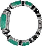 High Jewelry watch: High Jewelry secret hour watch, quartz movement, caliber 058. Rhodiumized 18K white gold case and bracelet set with 5 engraved emeralds totaling 73.69 carats