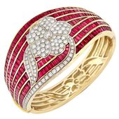 Two-Color Gold, Ruby and Diamond Cuff Bangle Bracelet, Adler The wide tapered ba...