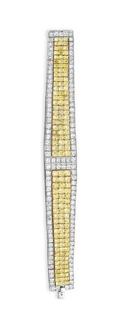 A COLORED DIAMOND AND DIAMOND BRACELET, BY DAVID MORRIS Designed as a square-cut...