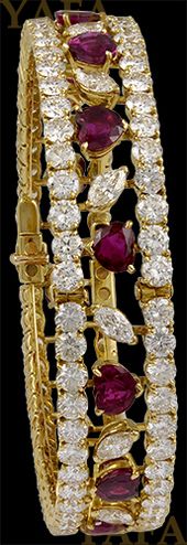 18k Gold Diamond and Heart Shape Ruby Bangle - Yafa Jewelry