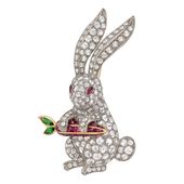 Diamond Rabbit with Ruby Carrot Brooch