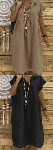 $50.99 USD Women Plus Size Linen Cotton Short Sleeve Midi Dress
