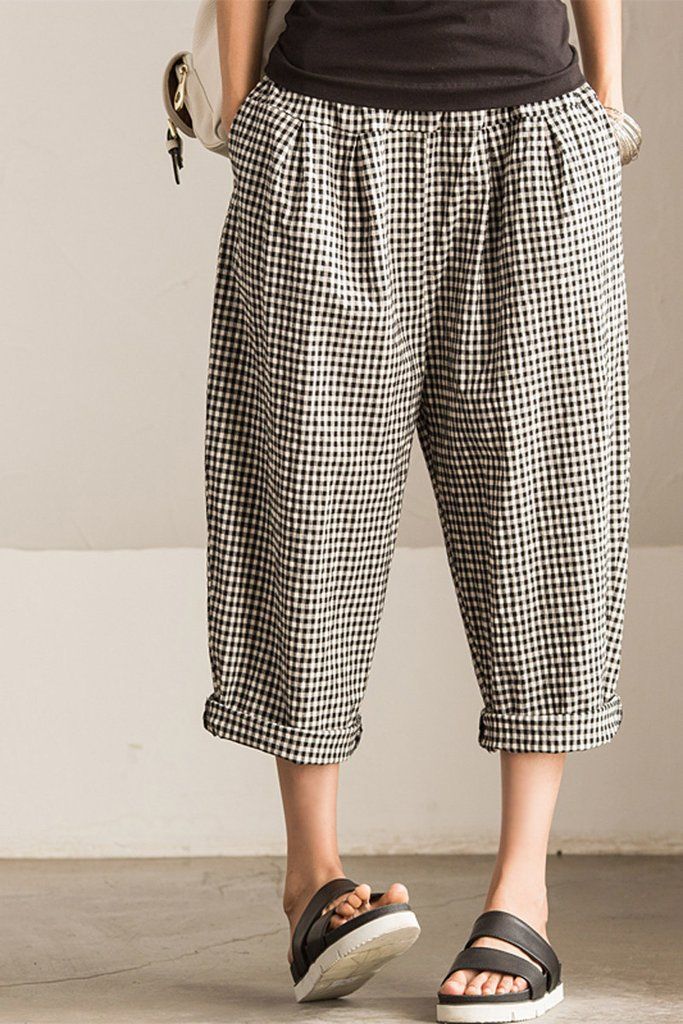 Art Causel Black White Grid Wide-legged Pants Linen Causel Women Clothes K988A