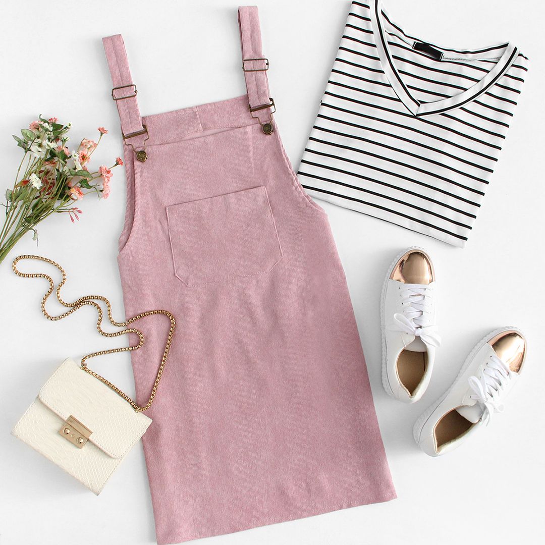 Pink Corduroy Overall Dress With Pocket