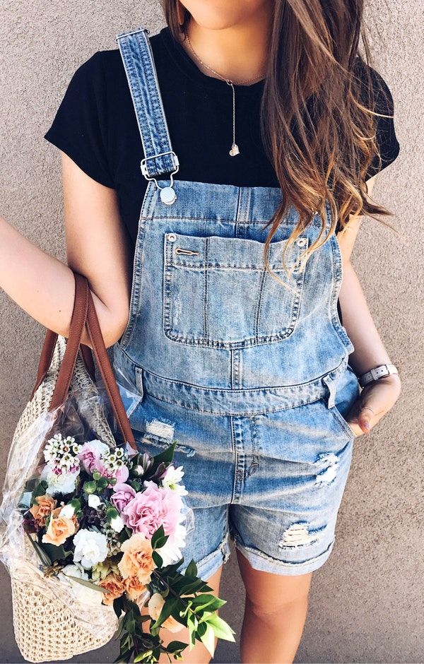 #spring #outfits Black Tee + Ripped Denim Overall