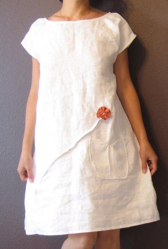 Custom linen dress white with rust pleated flowers  | Etsy